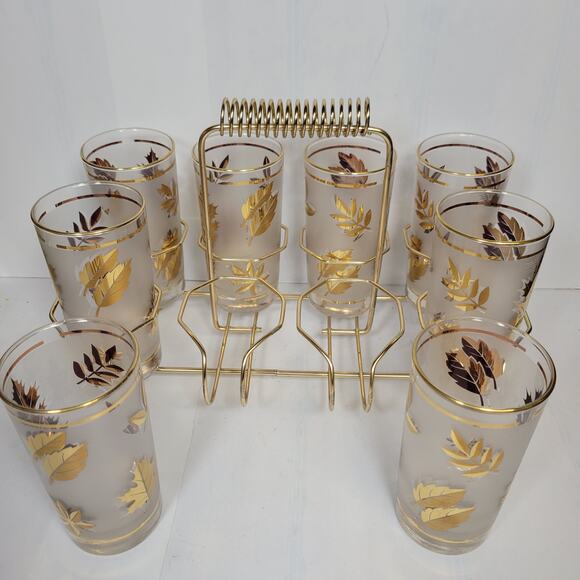 Vintage Libbey Gold Leaf 8 Tumbler Set and Carrier, Hollywood Regency 12 oz - Picture 3 of 4